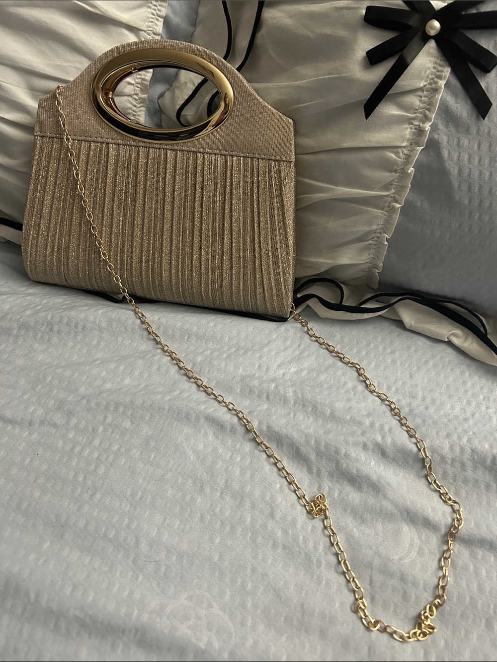 Gold Pleated Evening Clutch with Chain Strap